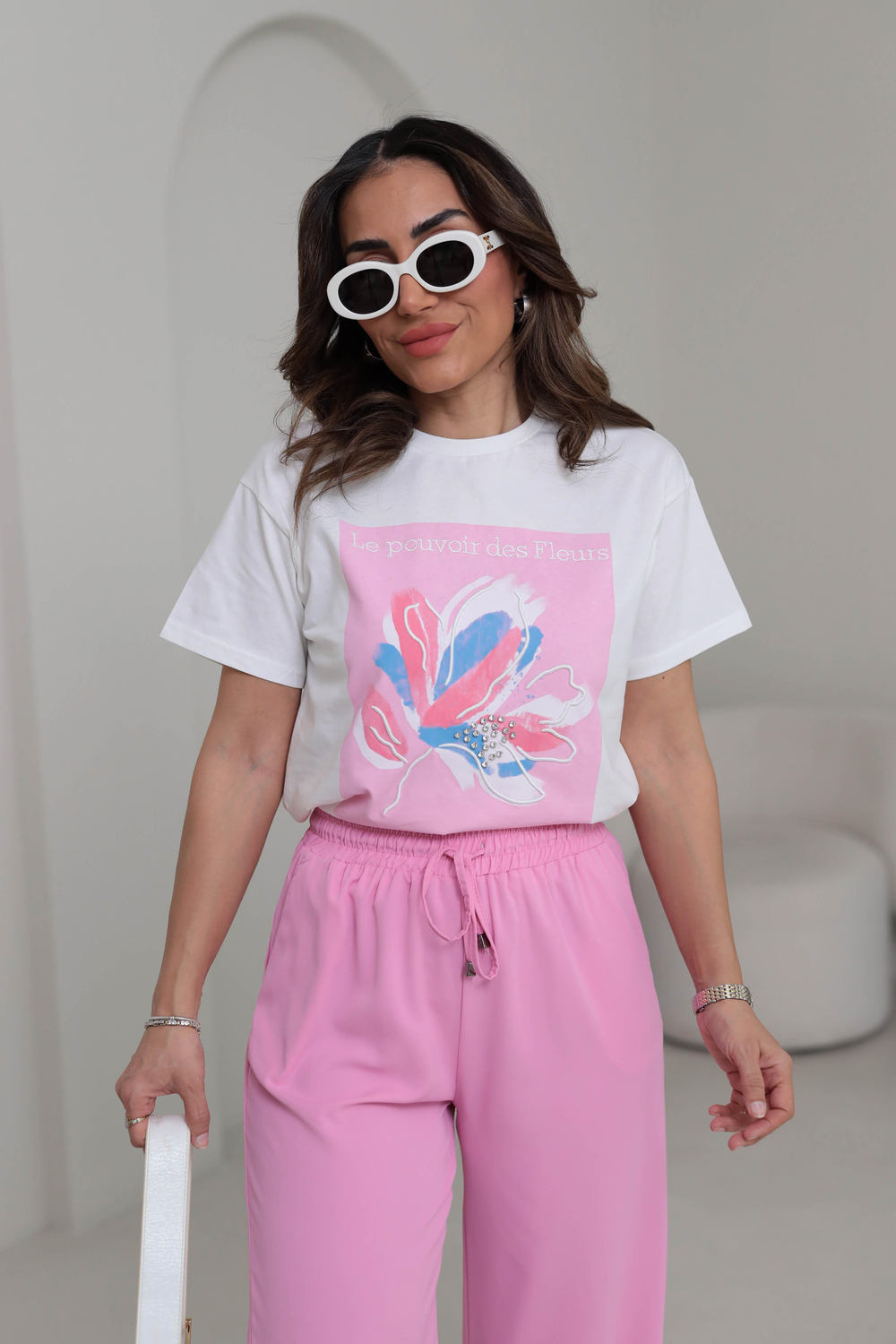 0223 Çiçek ve Taş Detaylı Tshirt PEMBE