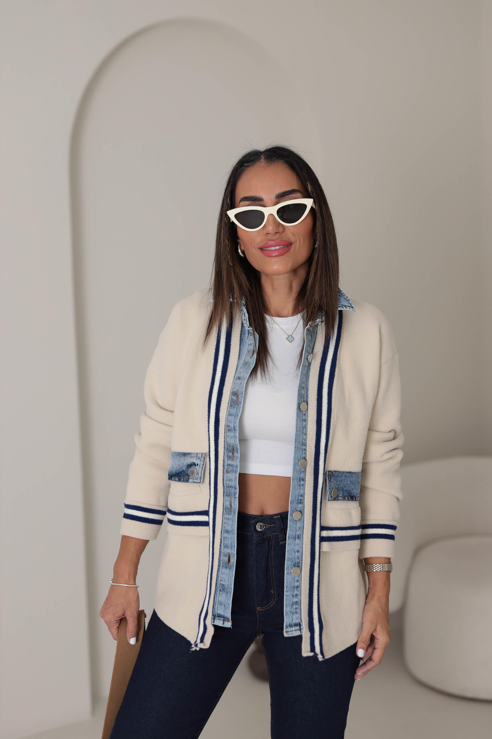 4587 Kot Garnili Çizgi Cep Detay Hırka