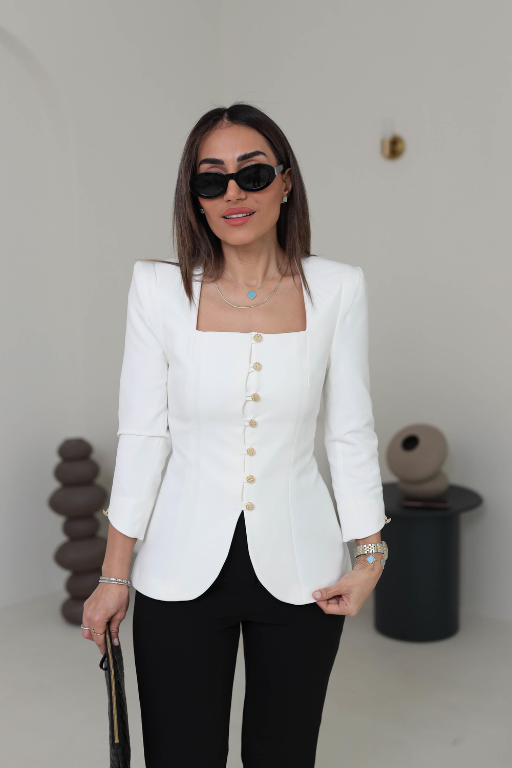 8637 Kare Yaka Gold Düğmeli Blazer Ceket BEYAZ