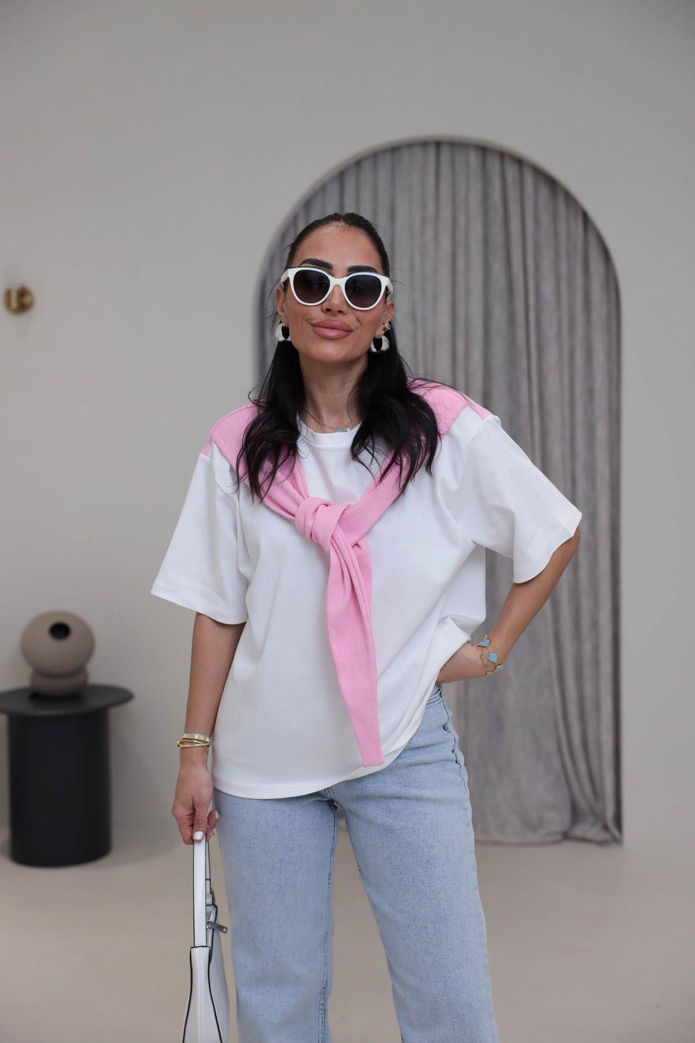 0688 Şal Detaylı Pamuklu Tshirt PEMBE