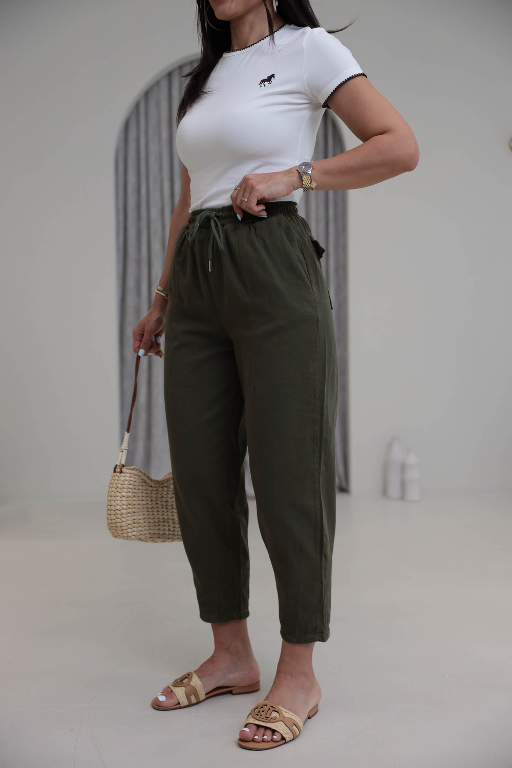 0079 Beli Lastikli Paça Pensli Pantolon HAKİ YEŞİL