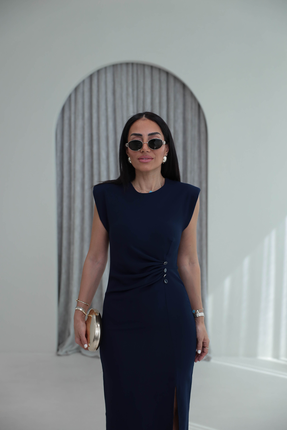 3870 Sıfır Kol Vatkalı Drapeli Elbise LACİVERT