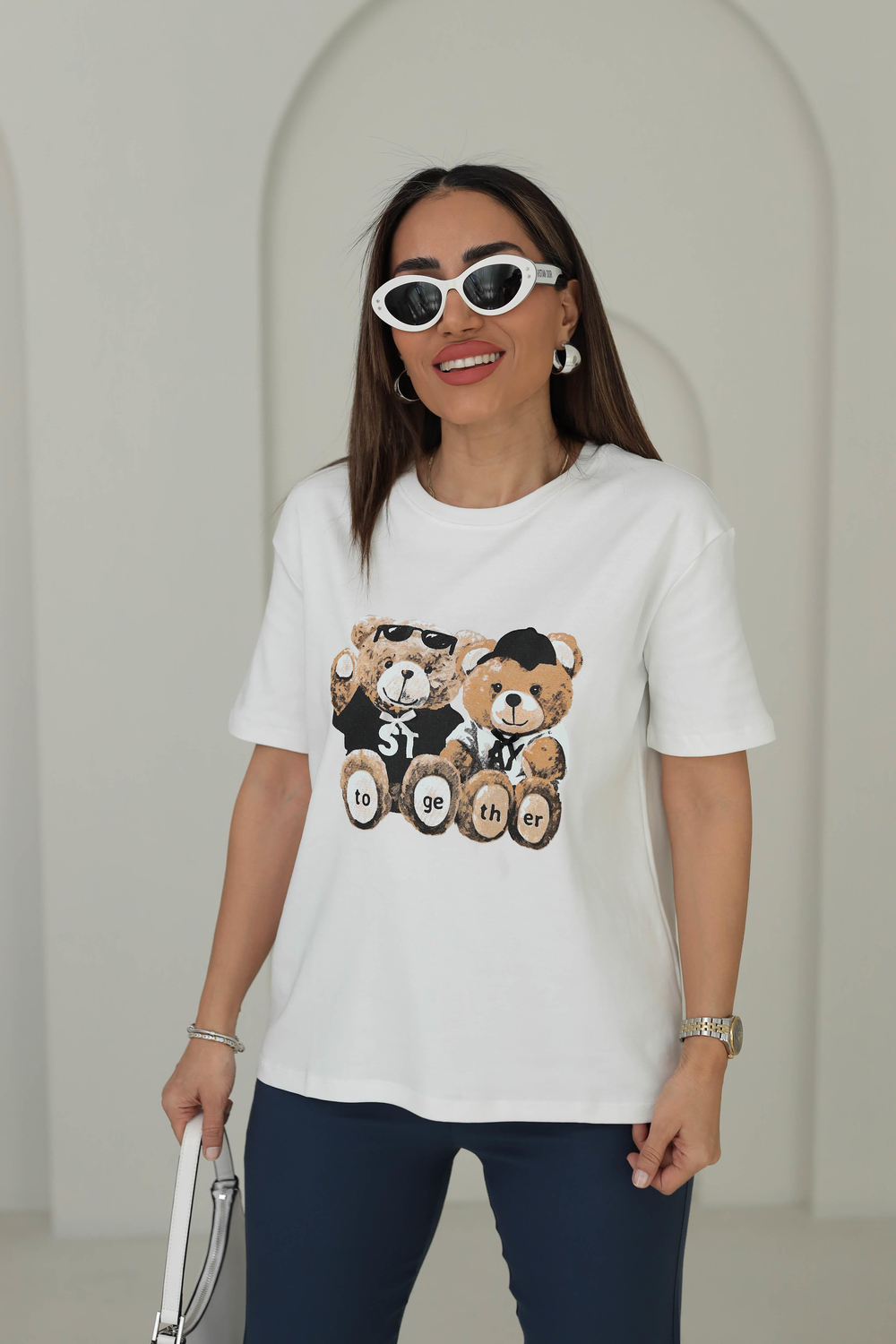 7878 Tedy Baskılı Bisiklet Yaka Tshirt BEYAZ