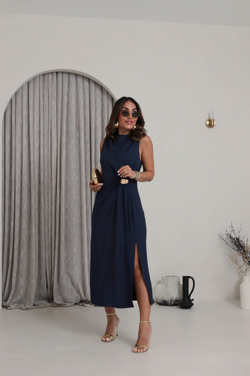 2264 Sıfır Kol Toka Detaylı Tencel Elbise LACİVERT