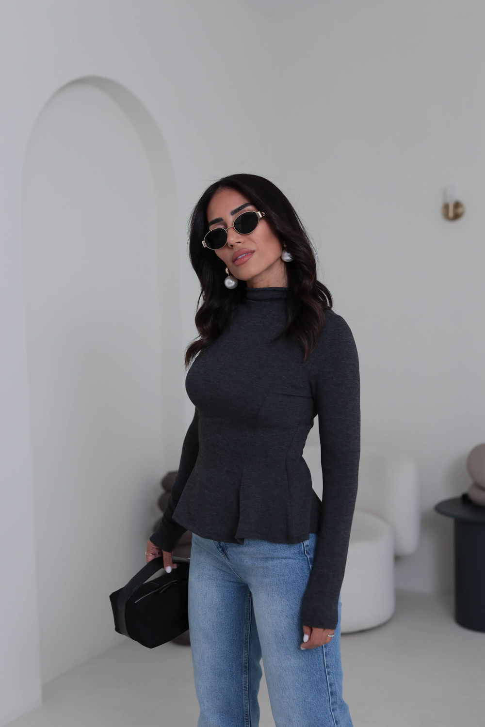 2038 Uzun Kollu Peplum Bluz ANTRASİT