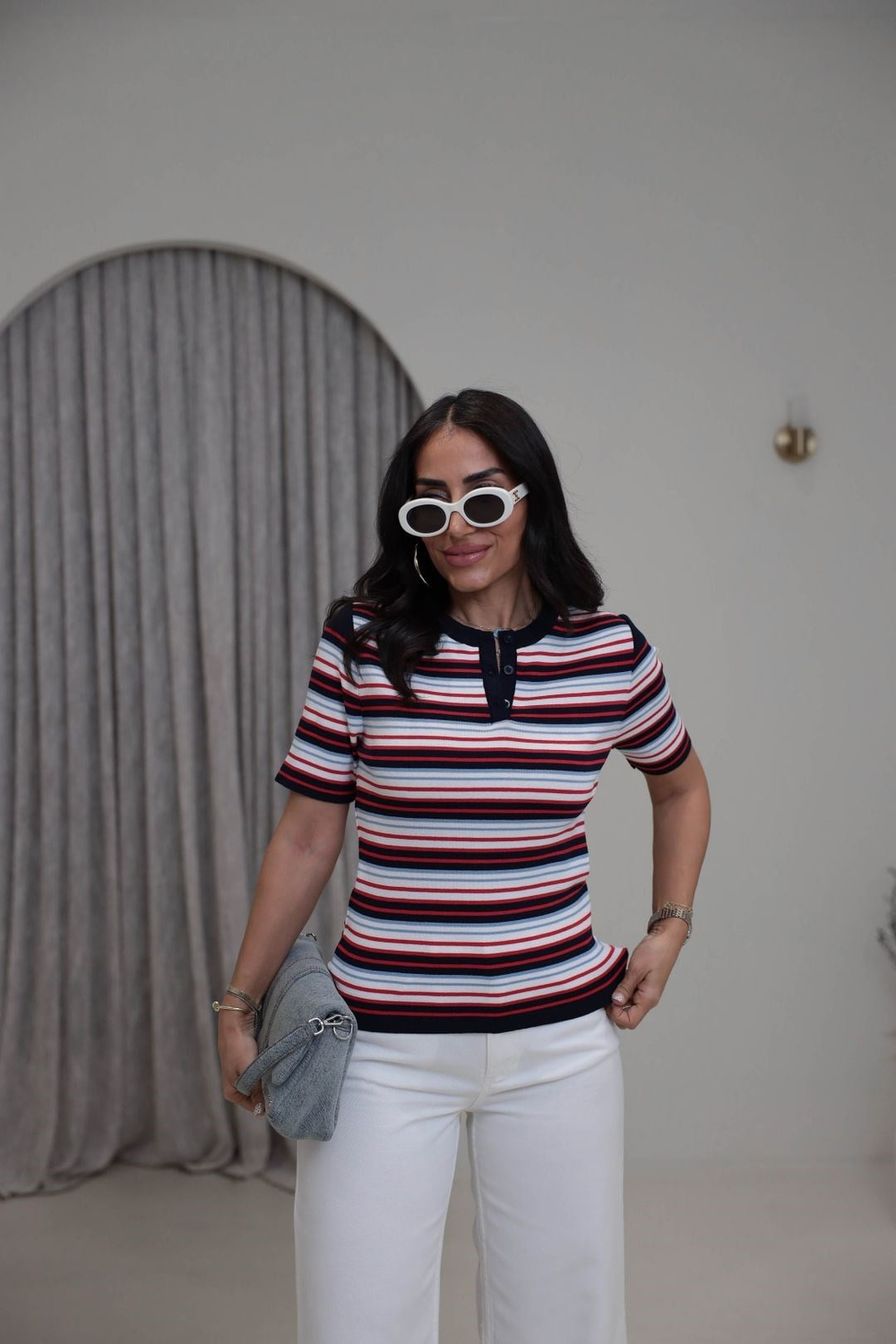 0642 Rayon Kumaş Çizgili Önden Düğmeli Bluz LACİVERT