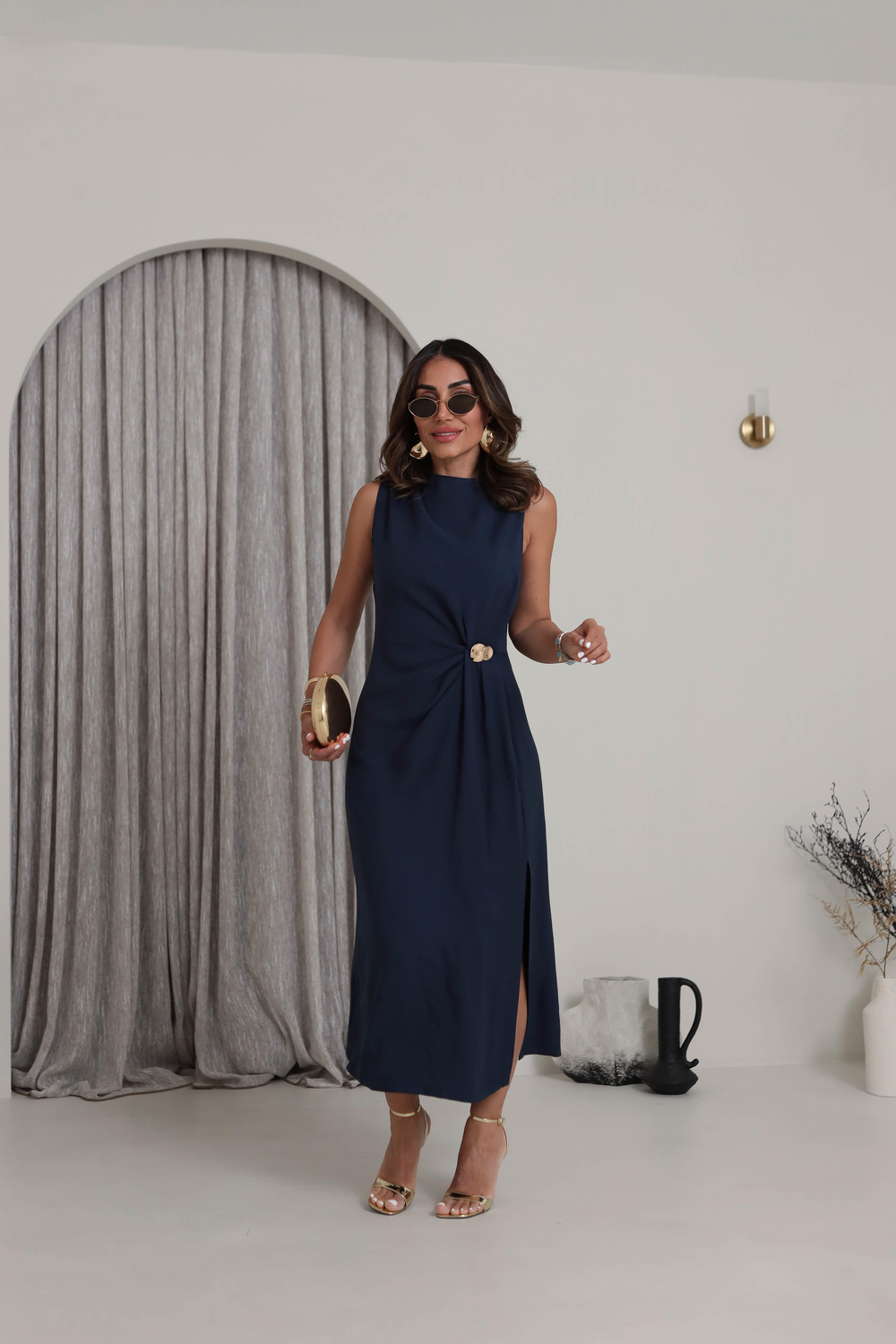 2264 Sıfır Kol Toka Detaylı Tencel Elbise LACİVERT