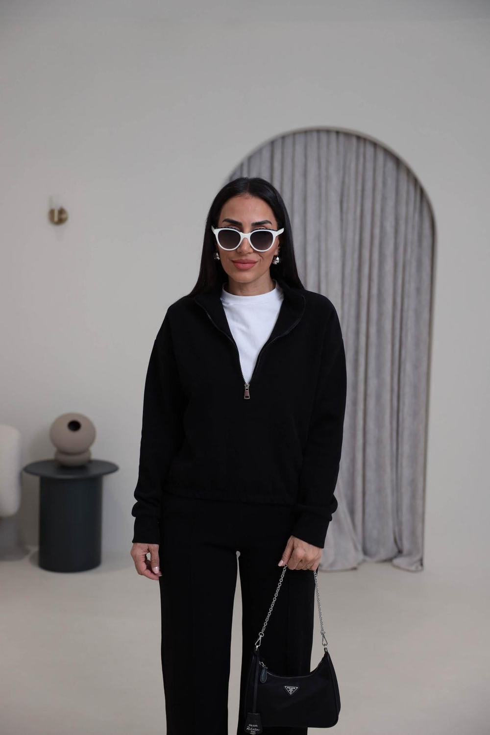 0122 Yarım Fermuarlı Tshirt Garnili Selanik Kumaş Takım SİYAH