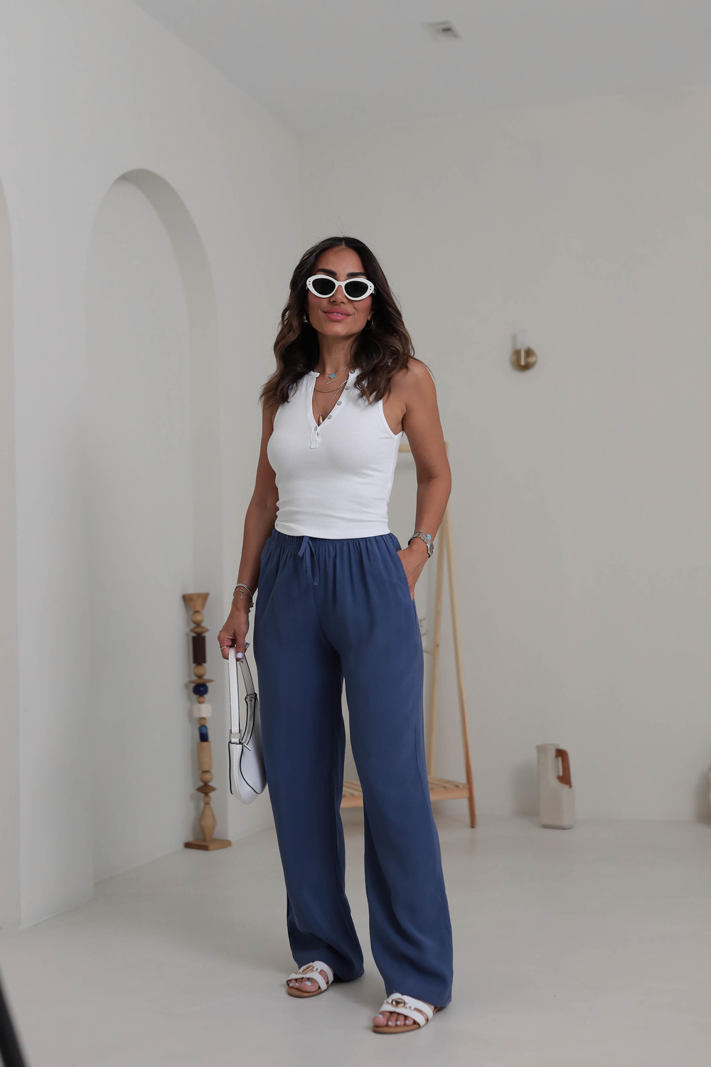 Beli Lastikli Bağcıklı Tencel Pantolon Indigo