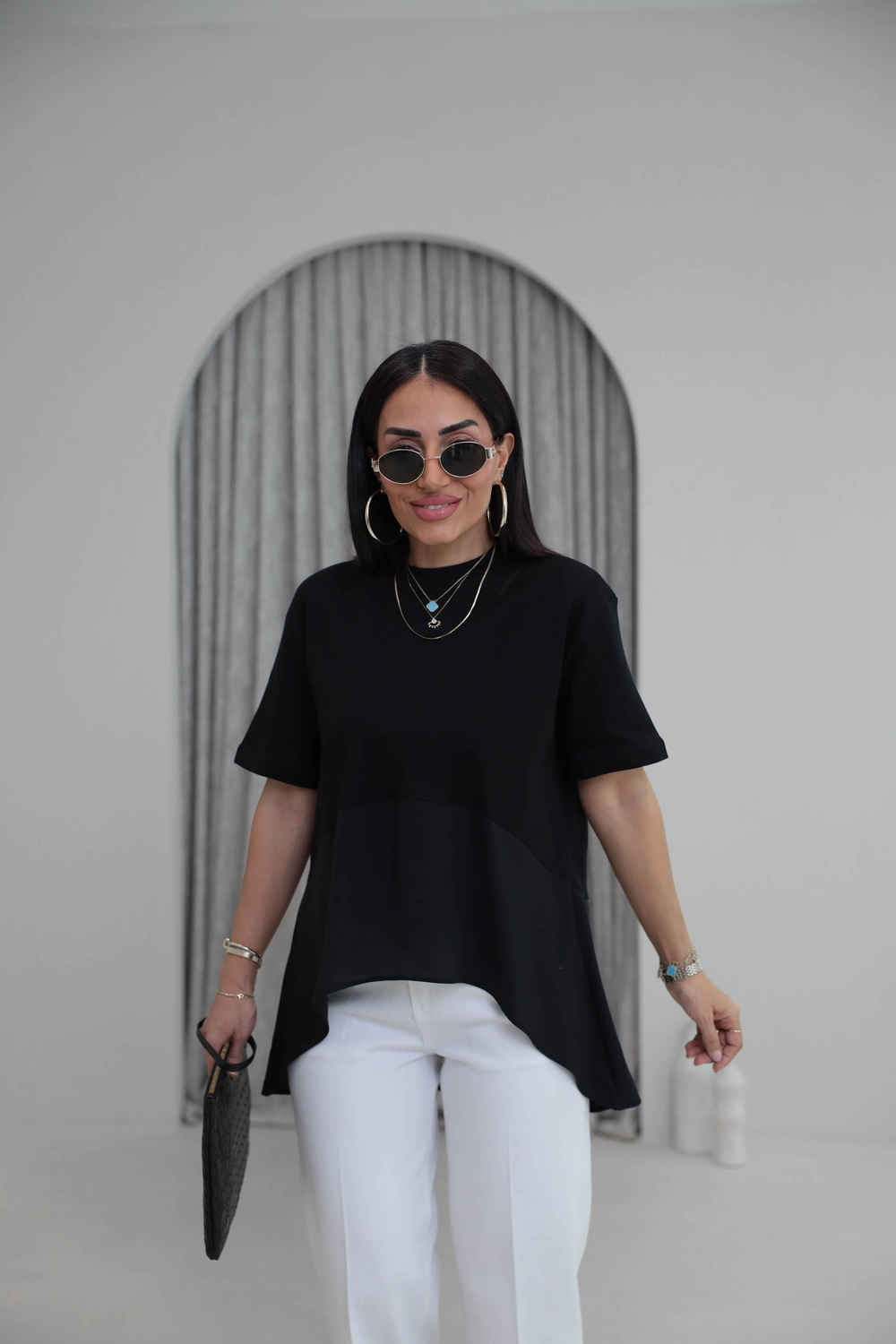 8204 Bisiklet Yaka Tencel Garnili Dökümlü Tshirt SİYAH