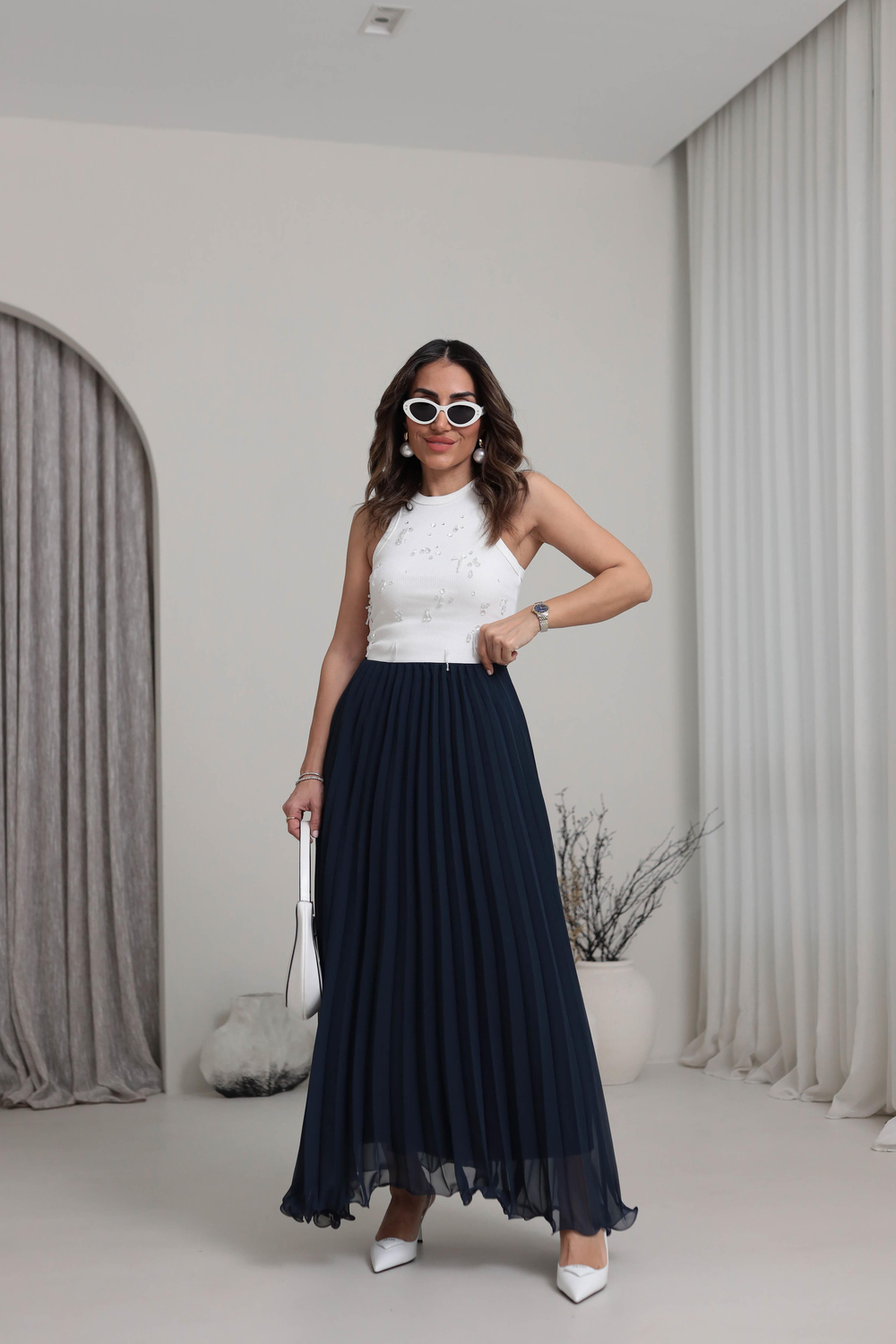 0287 Piliseli Şifon Maxi Etek LACİVERT
