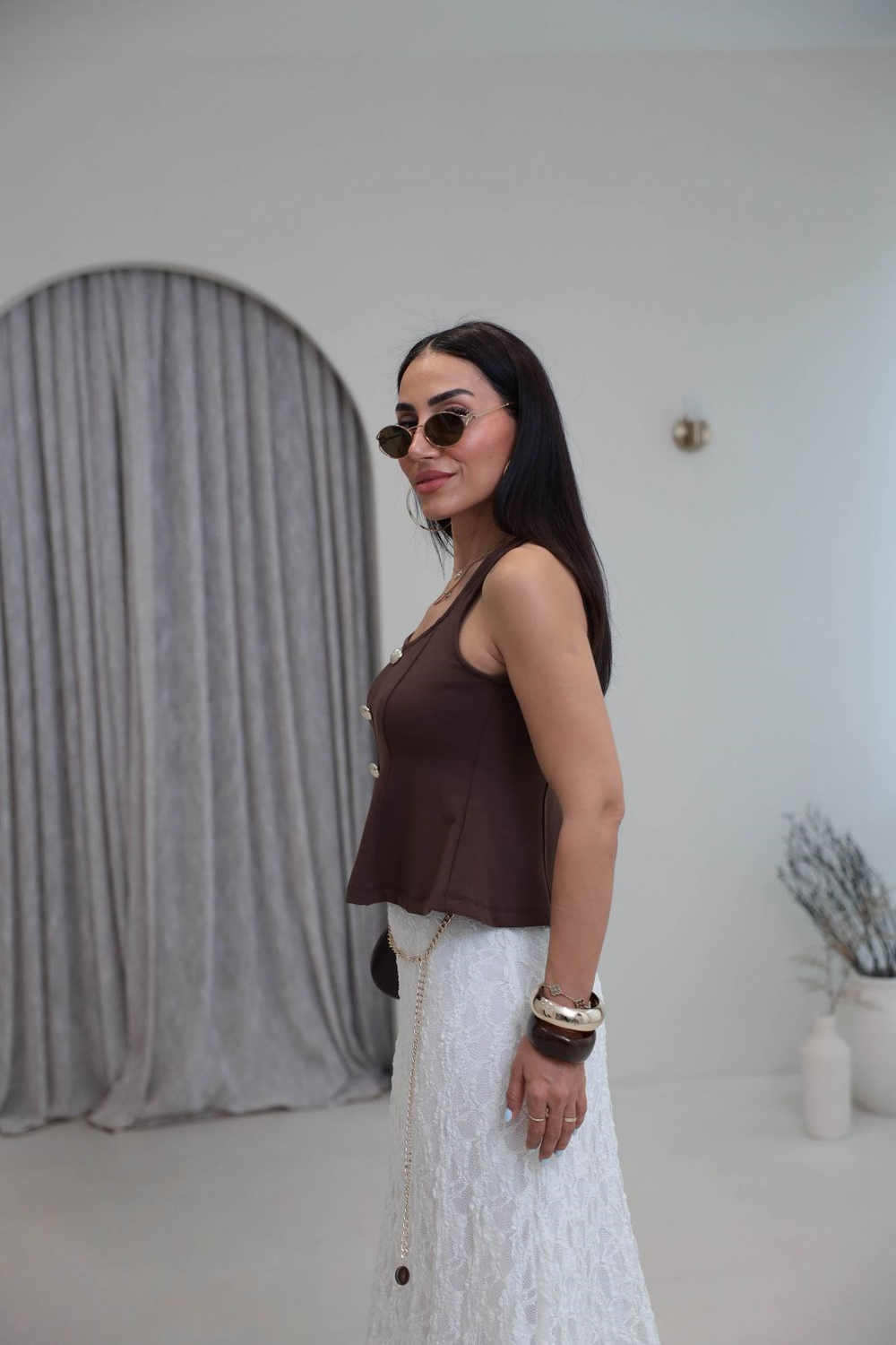 1979 Düğmeli Kare Yaka Peplum Bluz KAHVE