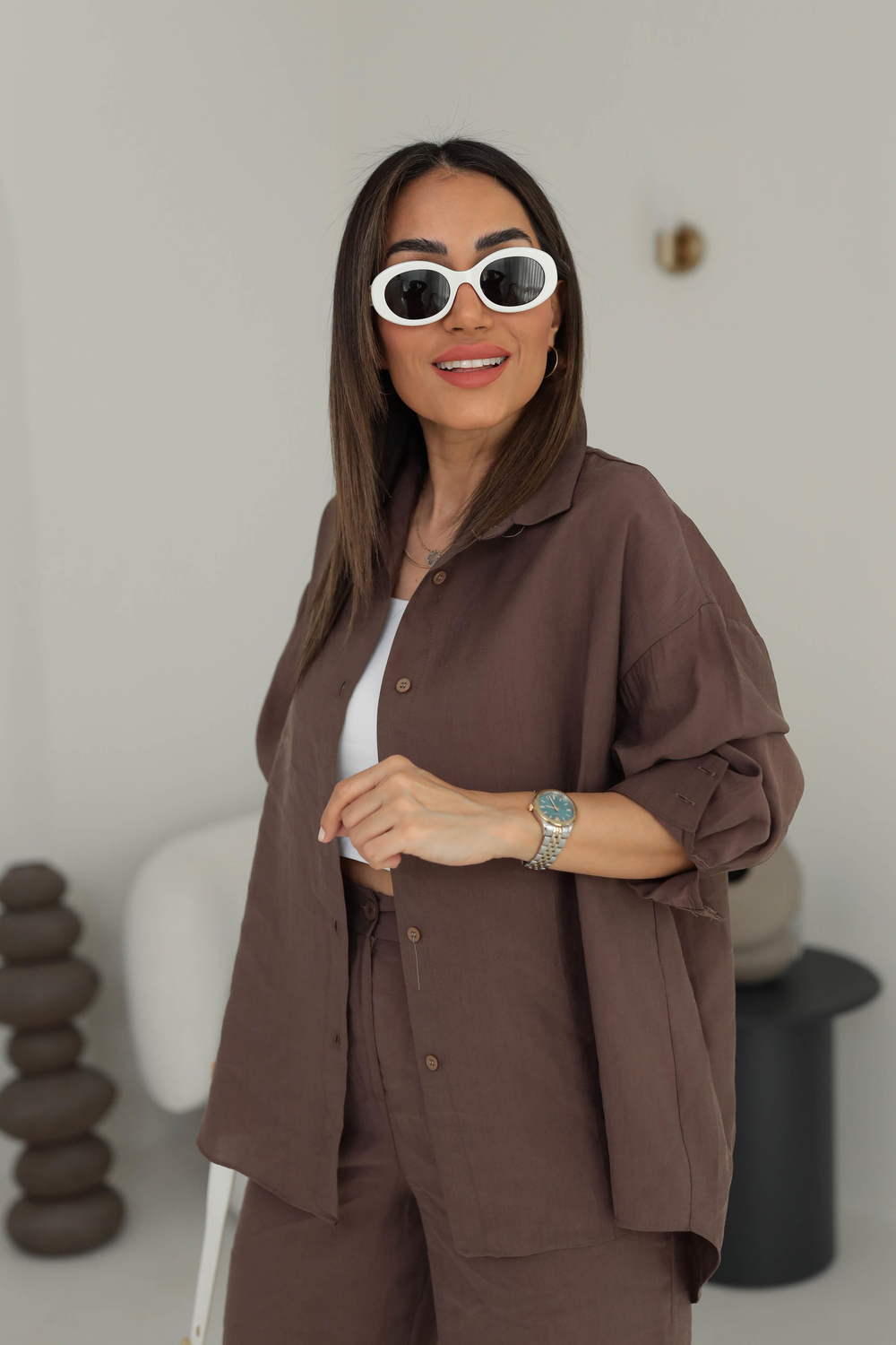 8557 Tencel Kumaş Gömlekli Takım KAHVE