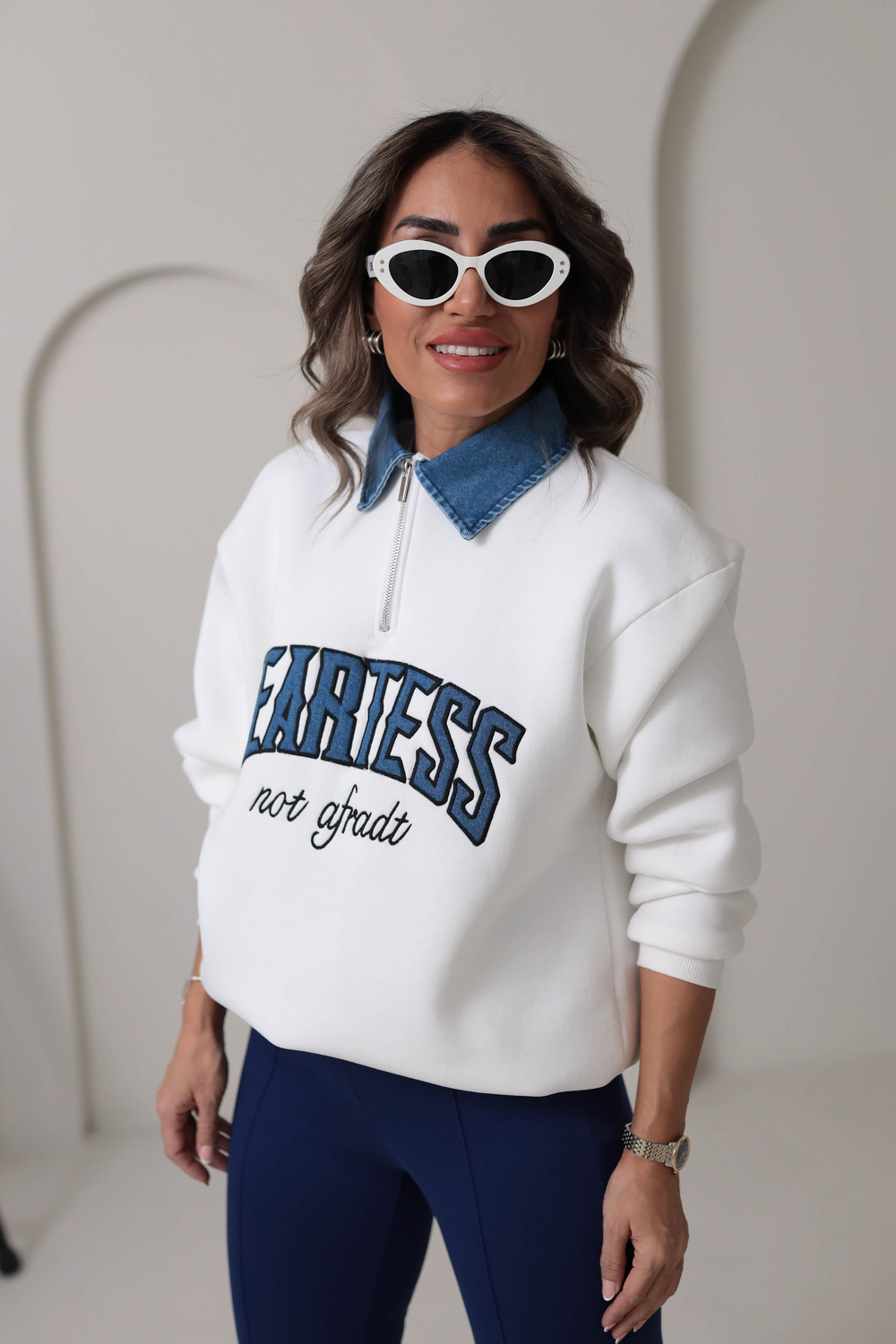 8660 Denim Mix Yaka Fermuarlı Şardonlu Sweatshirt EKRU