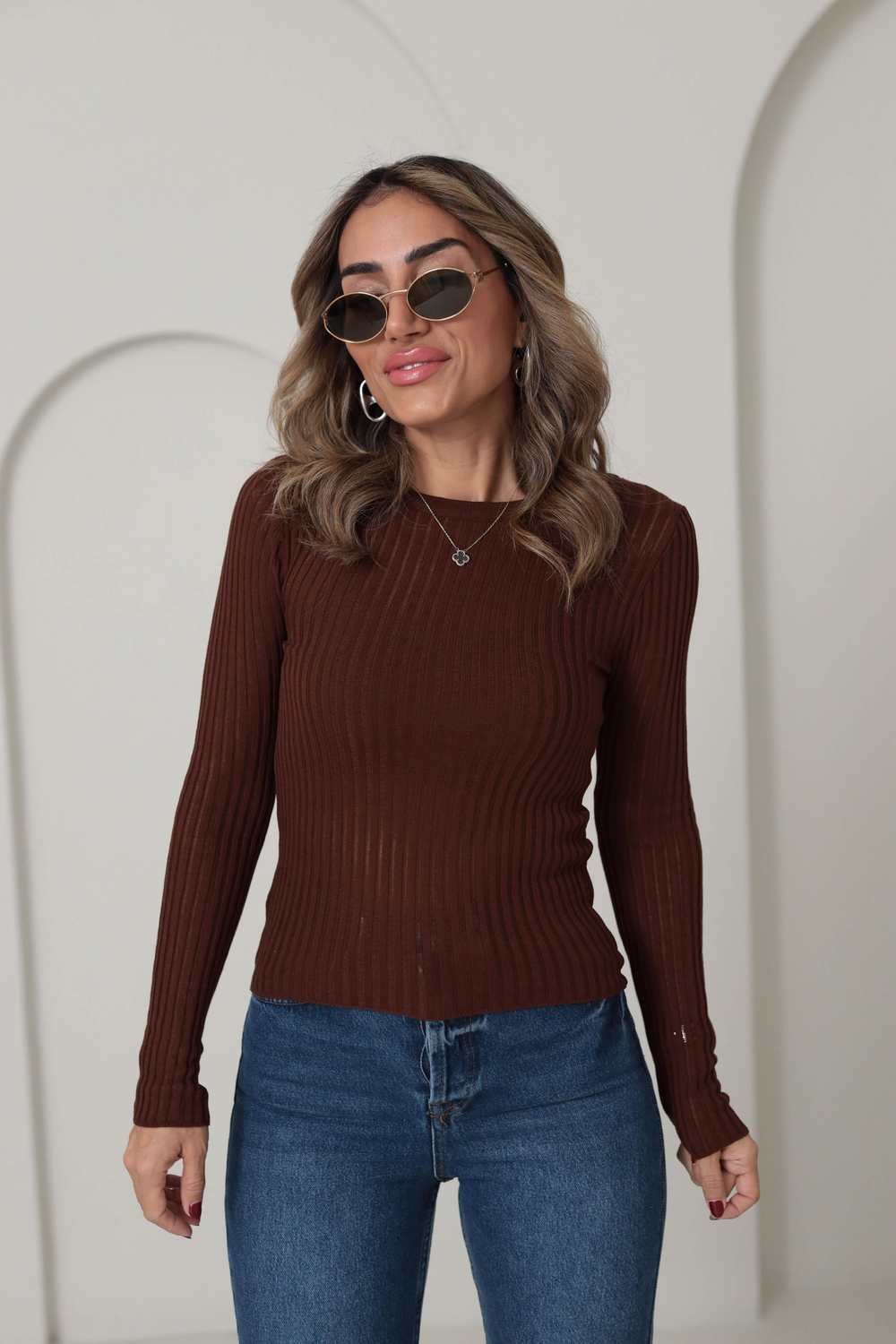 4107 Transparan Detaylı Triko Bluz KAHVE