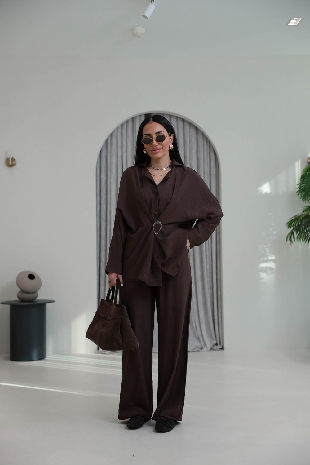 7091 Broş Detaylı Gömlek Pantolon Takım KAHVE