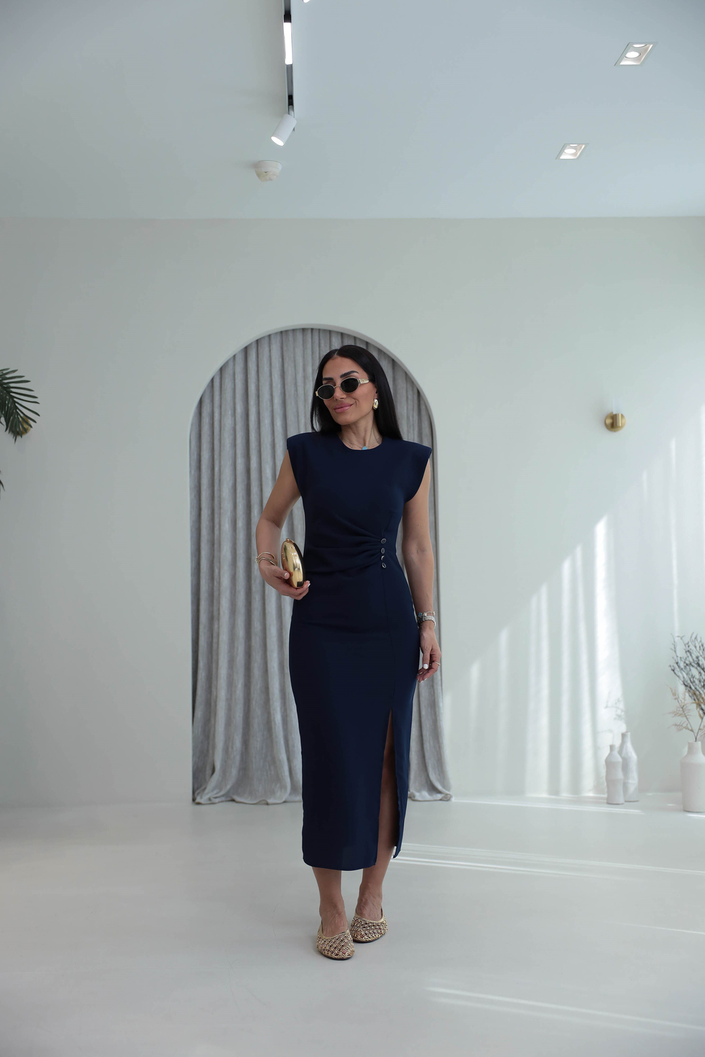 3870 Sıfır Kol Vatkalı Drapeli Elbise LACİVERT