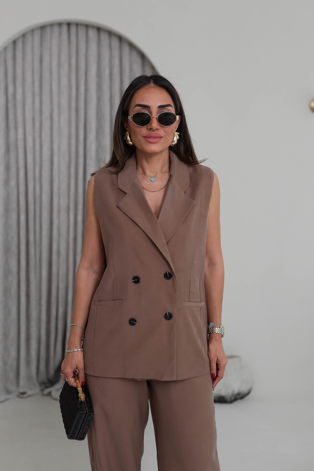0382 Kruvaze Yaka Yelek Pantolon Tencel Takım KAHVE