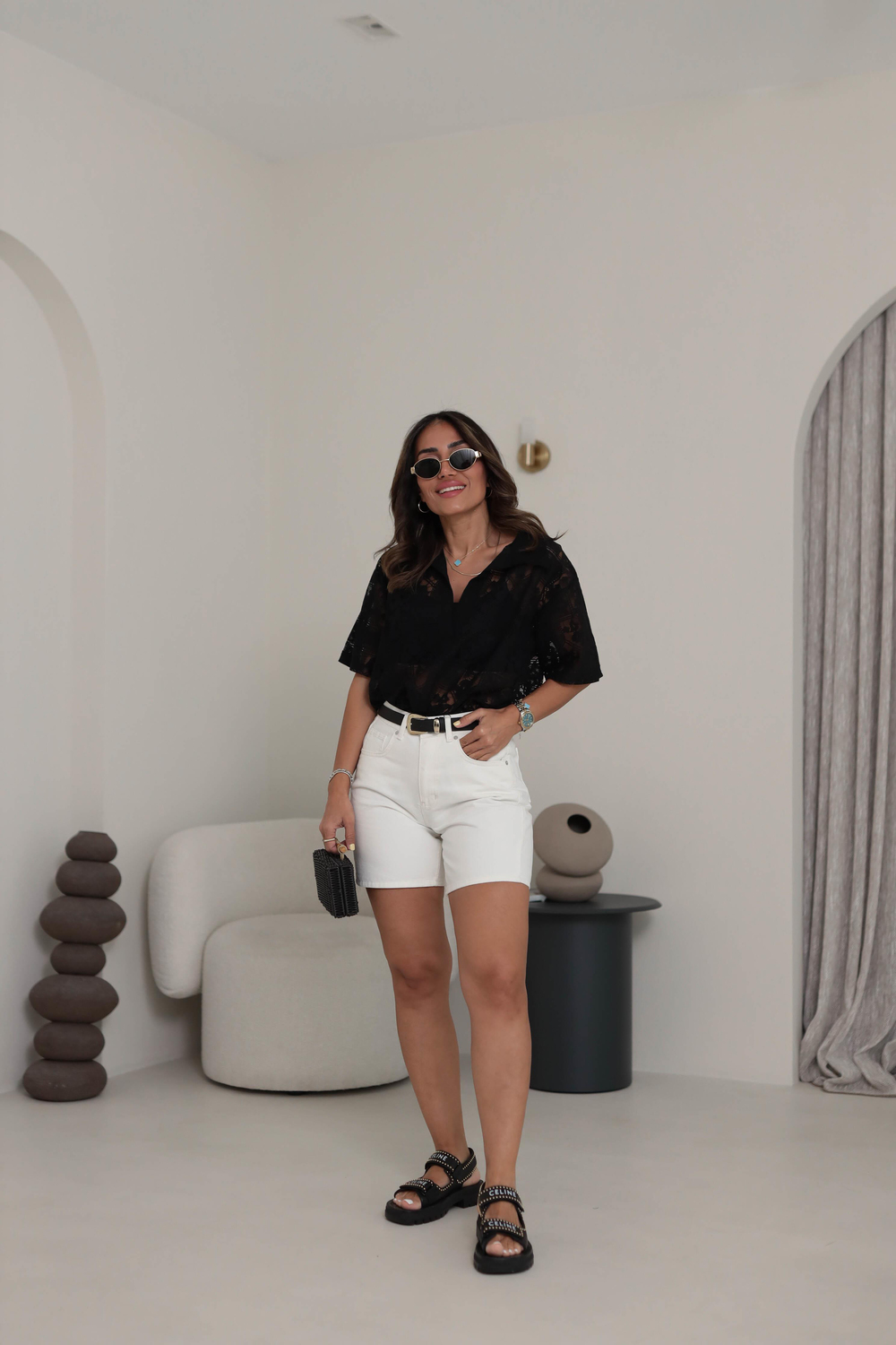 9865 Gömlek Yaka Kısa Kol Dantel Bluz SİYAH