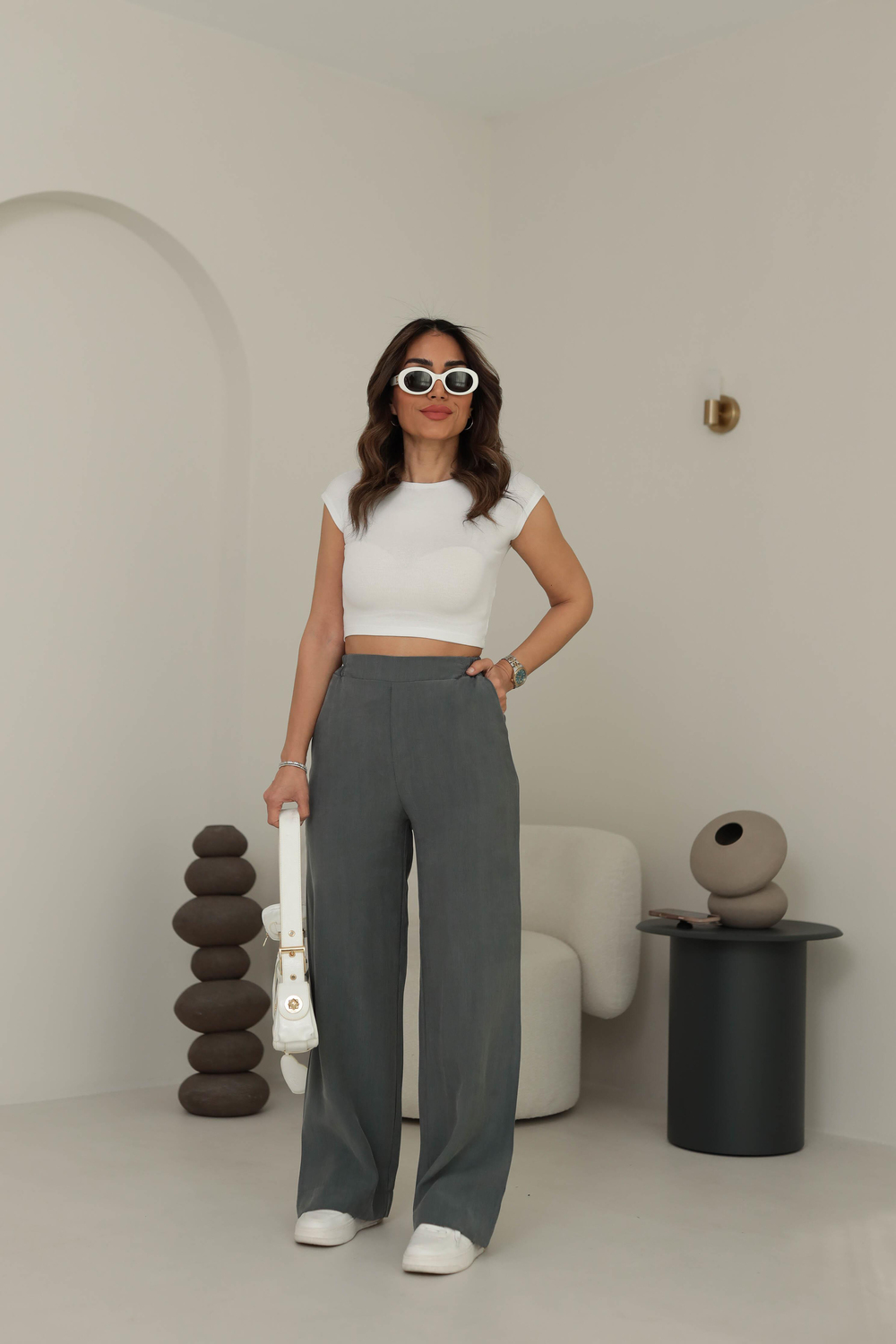 7054 Arkası Bel Lastikli Tencel Pantolon HAKİ YEŞİL