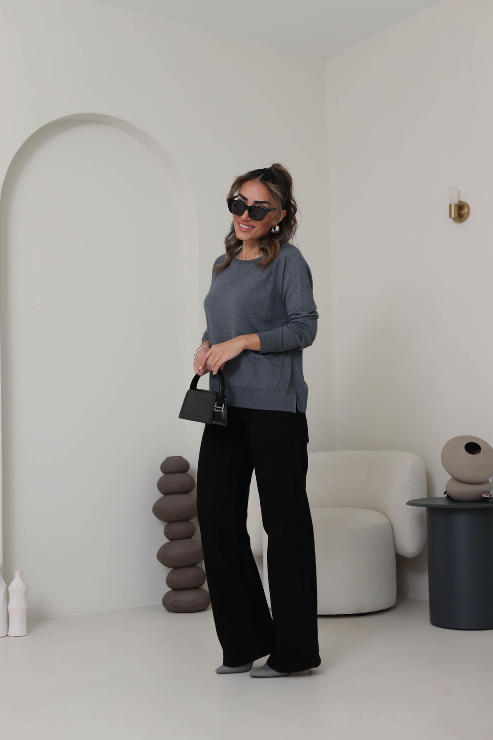 0557 Bisiklet Yaka Simli Basic İnce Triko FÜME