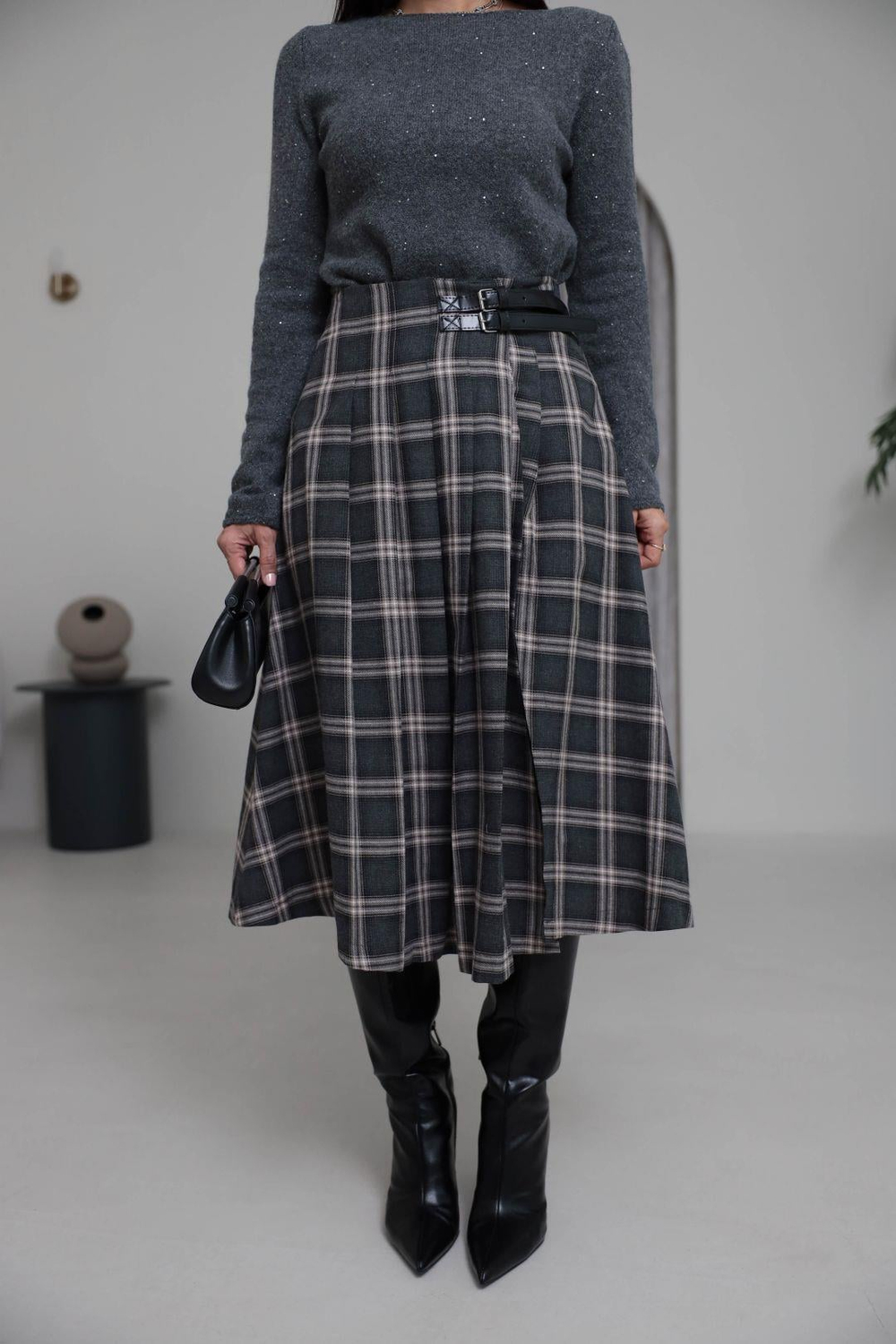 4228 Çift Kemer Detaylı Ekose Etek FÜME