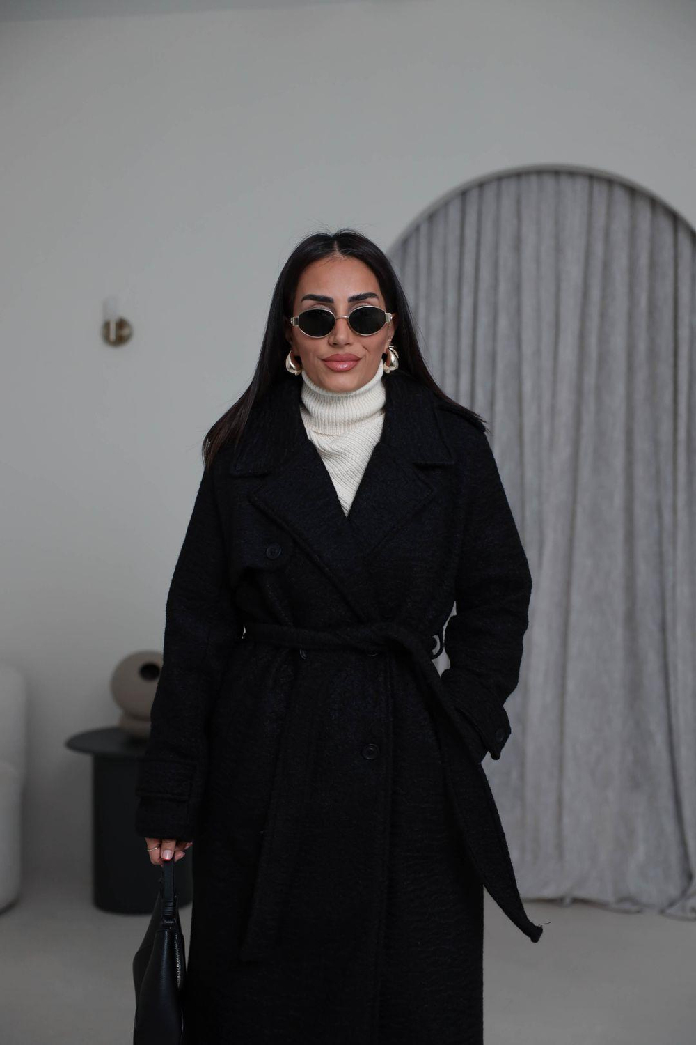 0611 Kuşaklı Apoletli Kaşe Kaban SİYAH