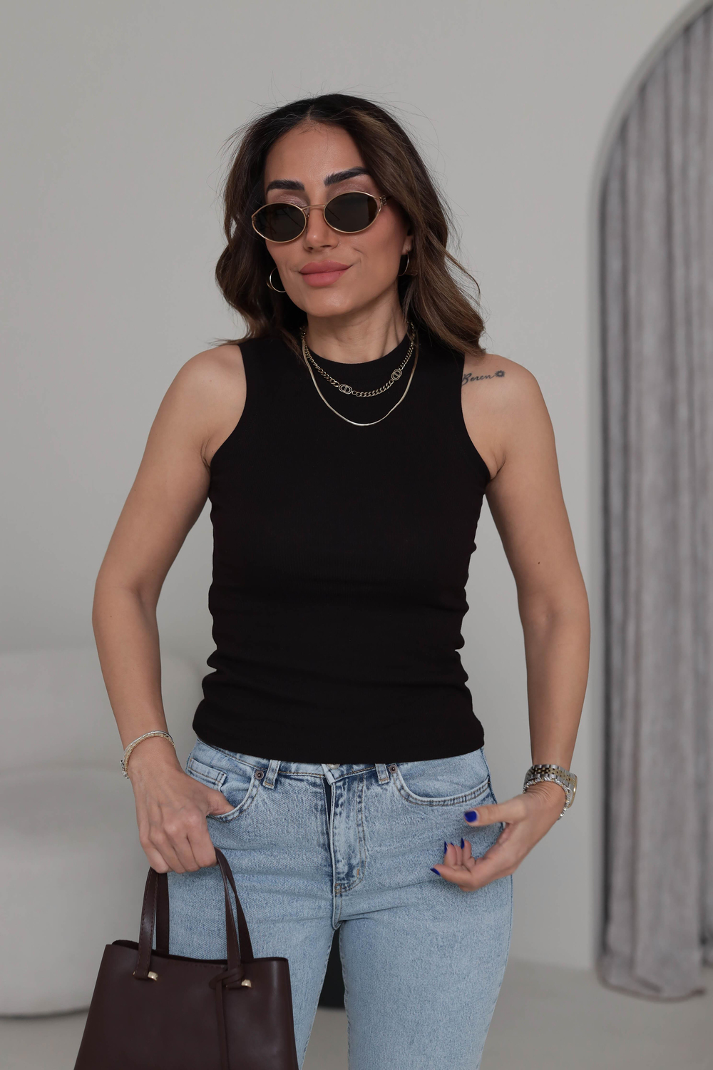 1125 Halter Yaka Pamuklu Atlet KAHVE