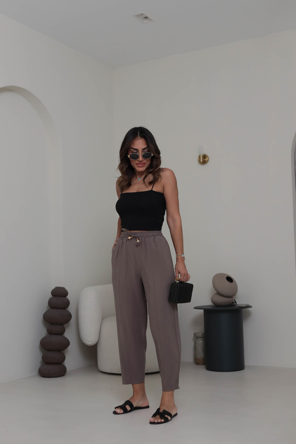 6703 Bel Lastikli Tencel Dokulu Boncuklu Pantolon KAHVE