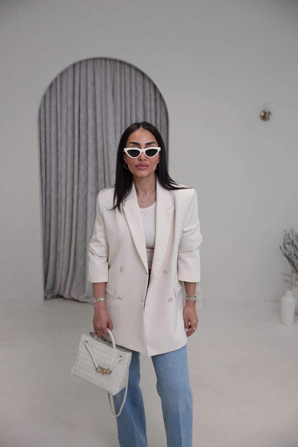 4512 Vatkalı Çift Düğme Detaylı Blazer Ceket KREM