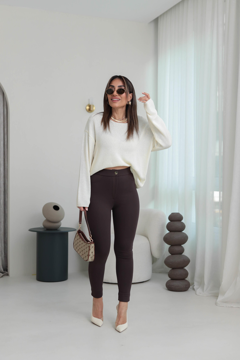 5121 Gold Düğme Detaylı Tayt Pantolon KAHVE