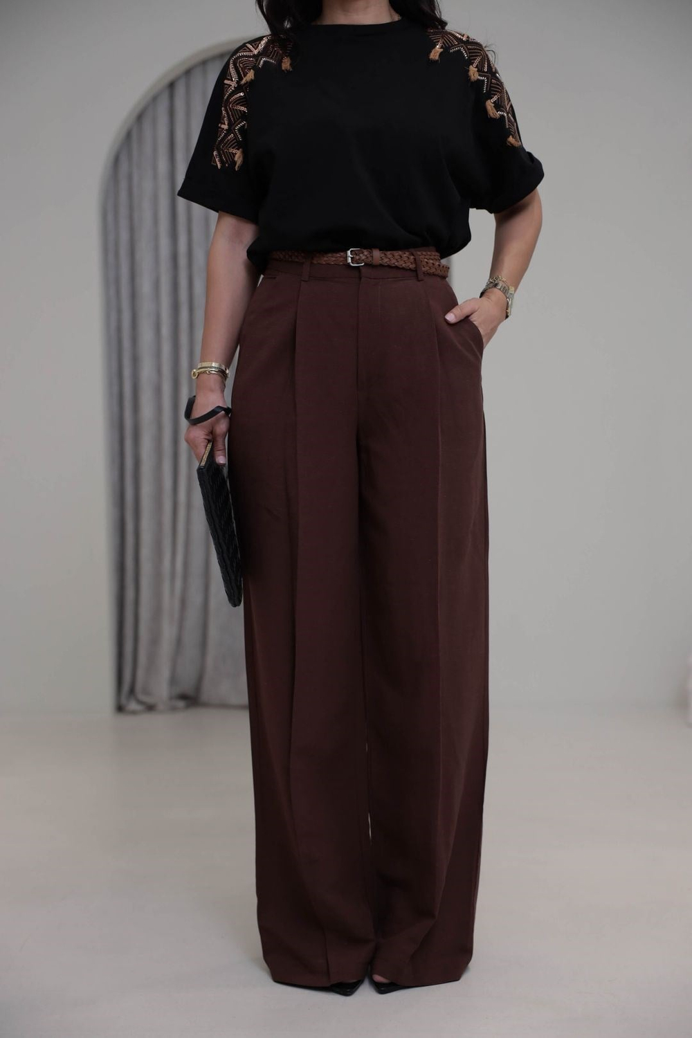 1150 Örme Kemerli Viskon Keten Pantolon KAHVE