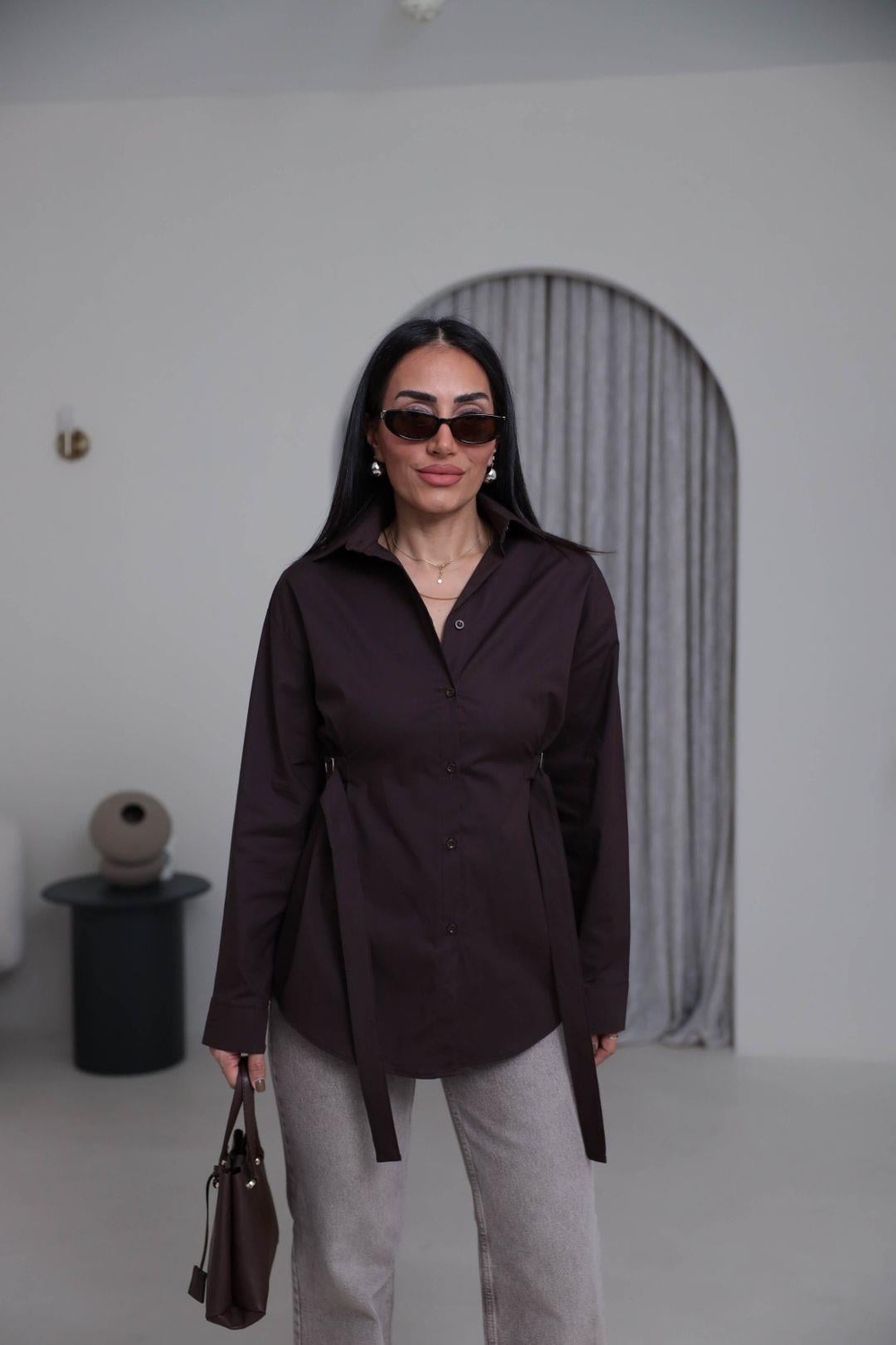 7176 Beli Kemer Detaylı Gömlek ACI KAHVE