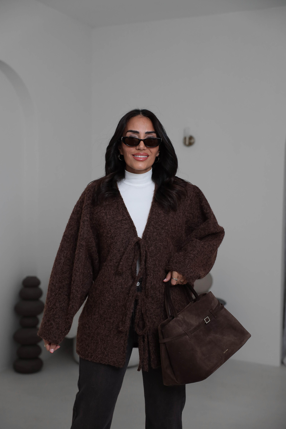 8989 Önü Bağlamalı Oversize Keçe Ceket KAHVE