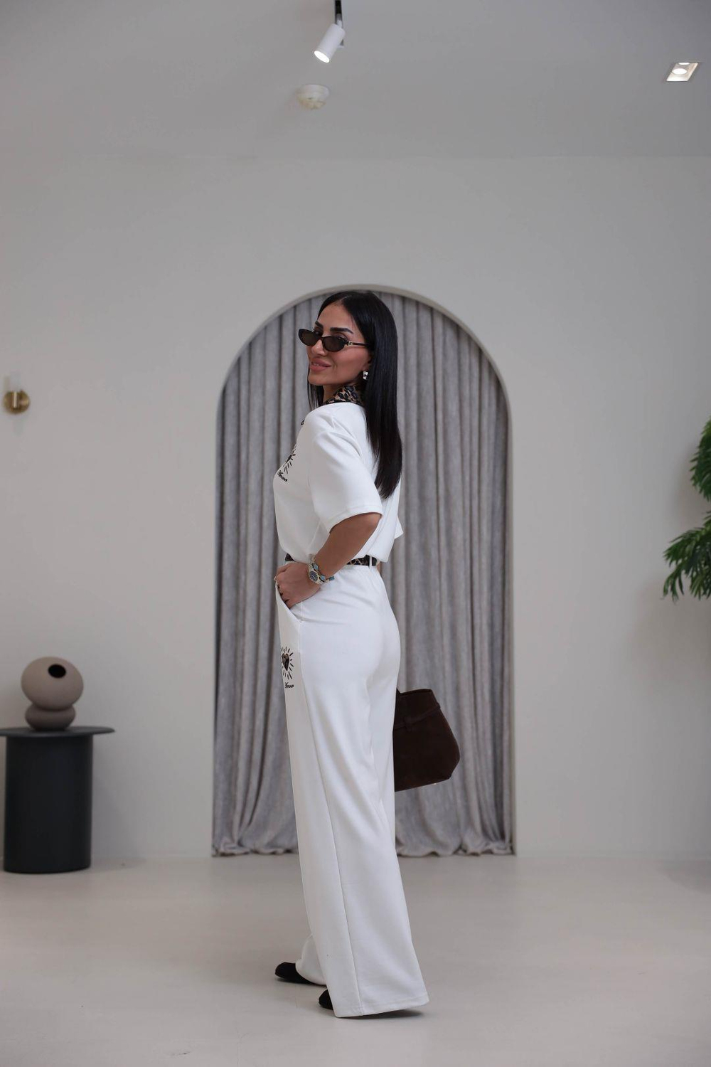 7539 Leopar Saten Yakalı Nakışlı Modal Takım EKRU