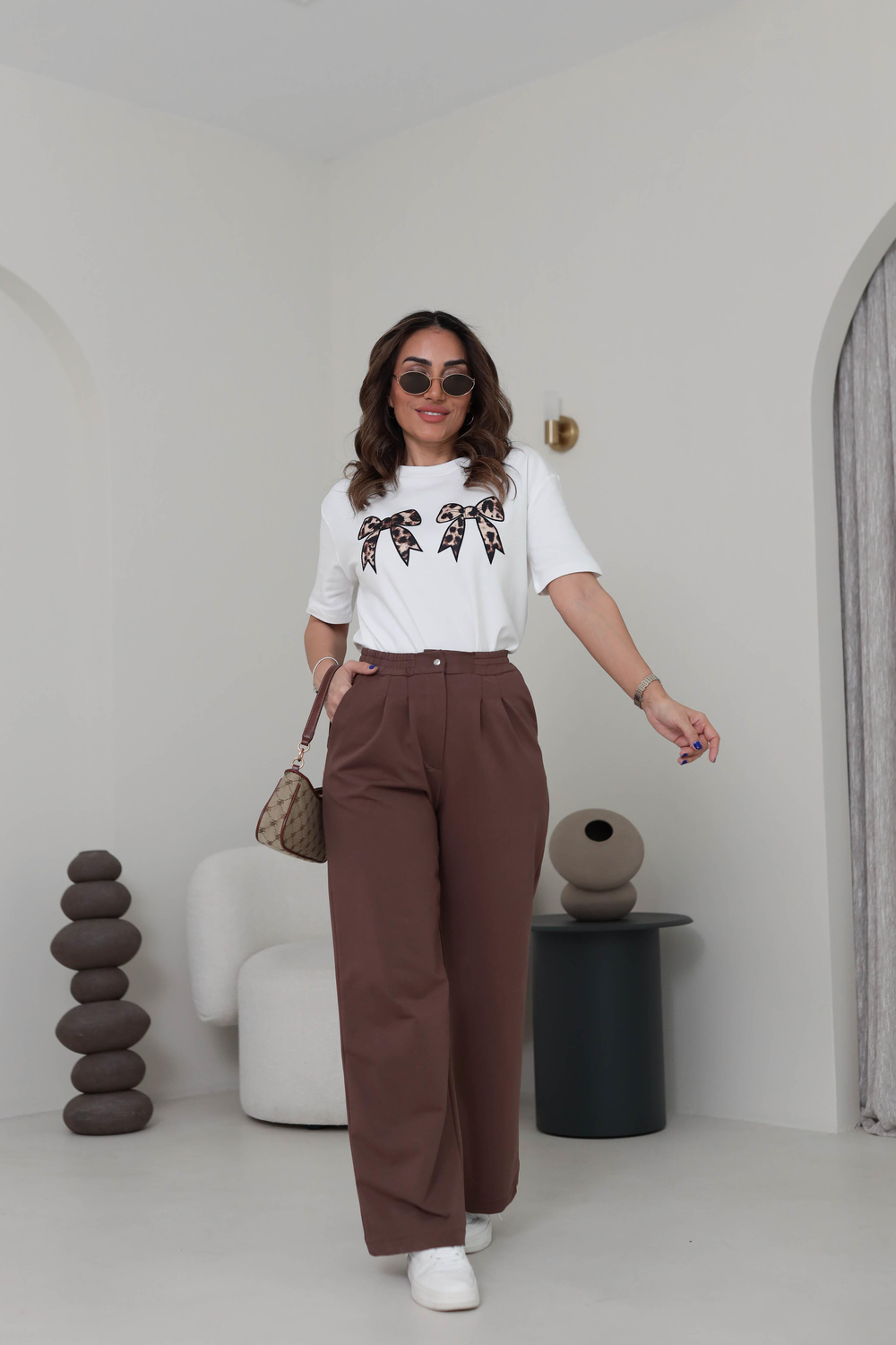 3197 Leopar Kurdele detaylı Tshirt EKRU