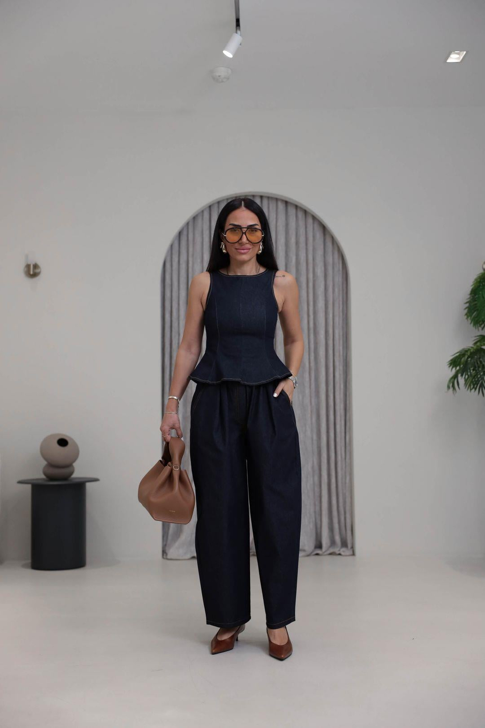 1584 Sıfır Kol Peplum Denim Takım LACİVERT