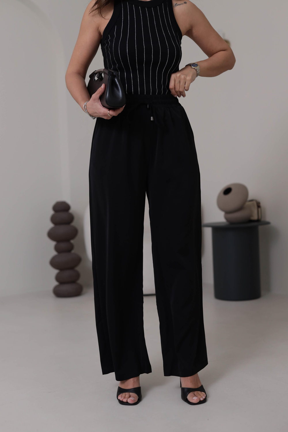 0858 Bel Lastikli Döküm Palazzo Pantolon SİYAH