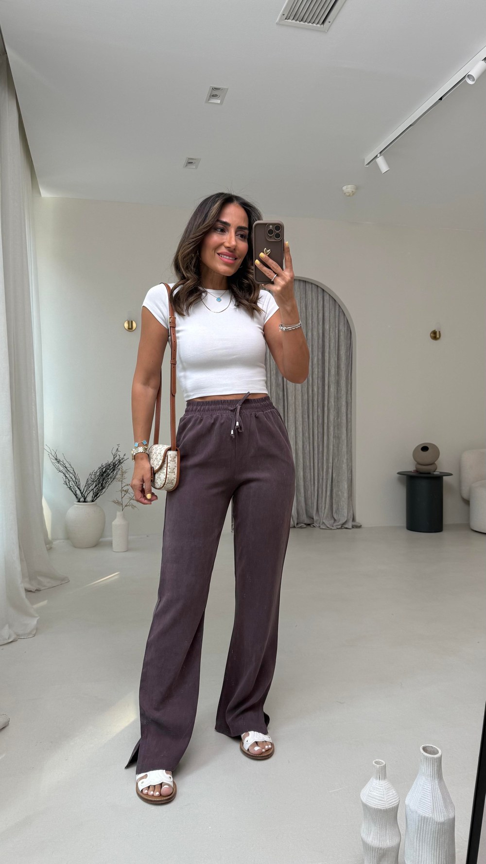 Paça Yırtmaçlı Bel Lastikli Tencel Pantolon KAHVE