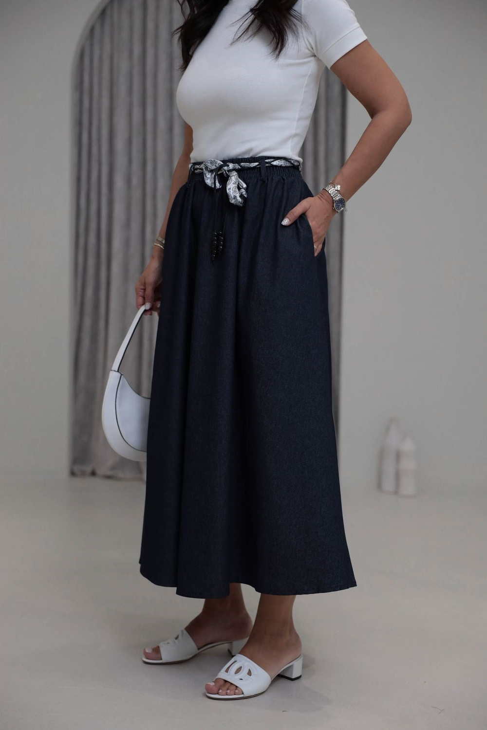 1813 Fular Kemerli Denim Kloş Etek LACİVERT