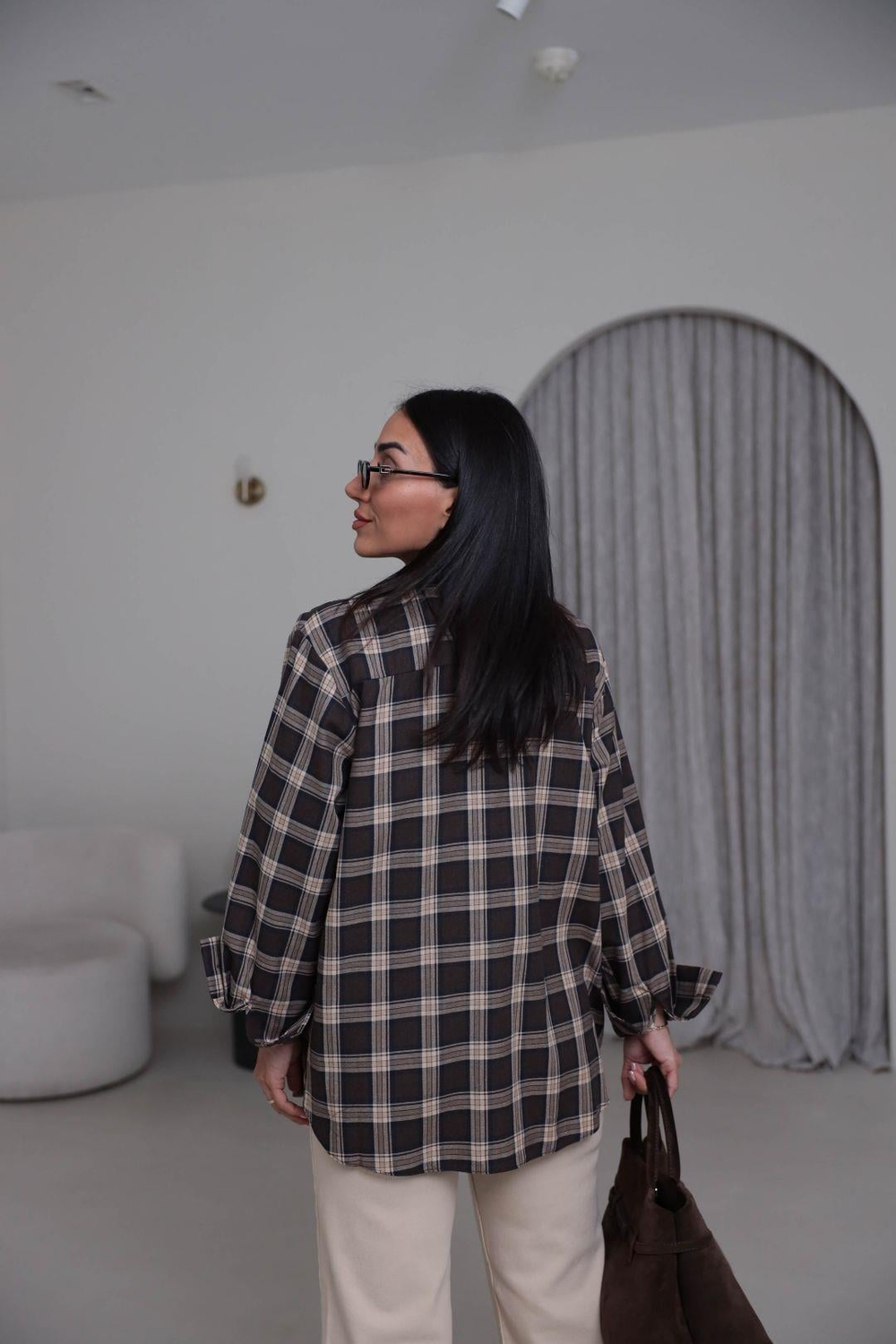 7124 Ekose Desen Pamuklu Oversize Gömlek KAHVE