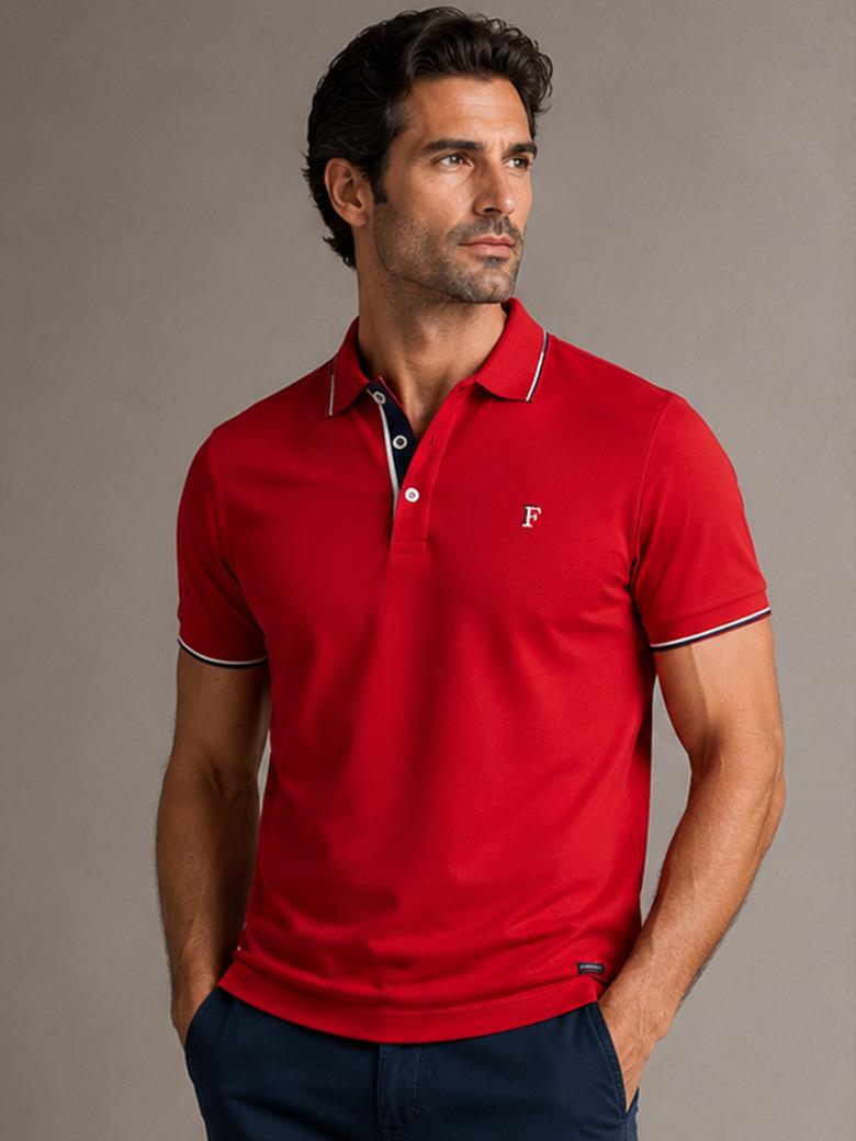 Regular Fit Yaka Detaylı Merserize %100 Pamuk Kırmızı Polo Tişört