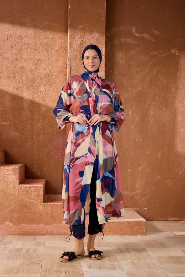 StarinciTesettur Mayo Üzerine Tek Kaftan Pareo Kübist Desen