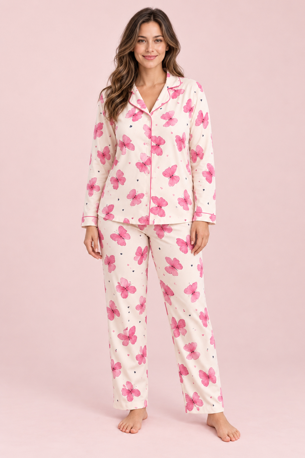 StarinciBüyük Beden Süet Kadın Pijama Takımı Krem Pembe Kelebek Desenli