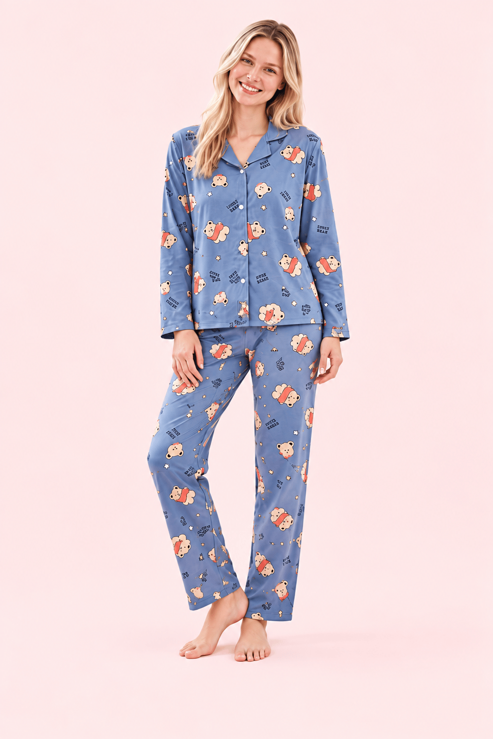 StarinciKadın Mavi Ayıcık Desenli Önden Düğmeli Gömlek Yaka Pijama Takımı