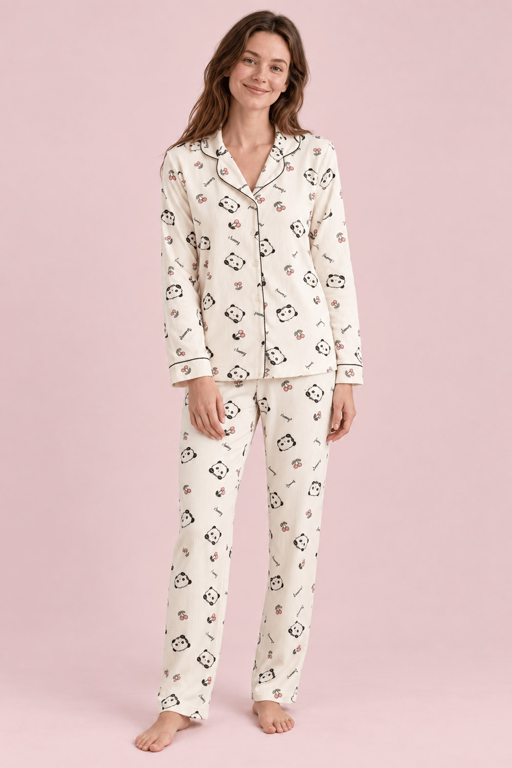 StarinciKadın Panda Desenli Pijama Takımı Ekru İkili Takım