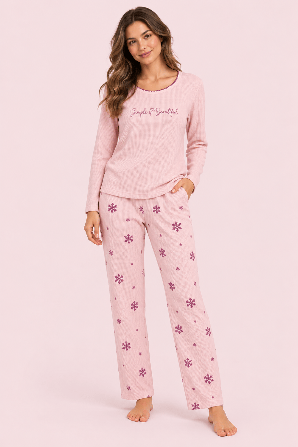 StarinciKadın Pembe Kar Tanesi Desenli Uzun Kollu Pijama Takımı