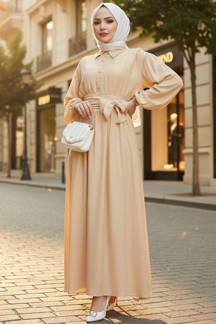 Alser Kuşaklı Elbise 1468 - Bej