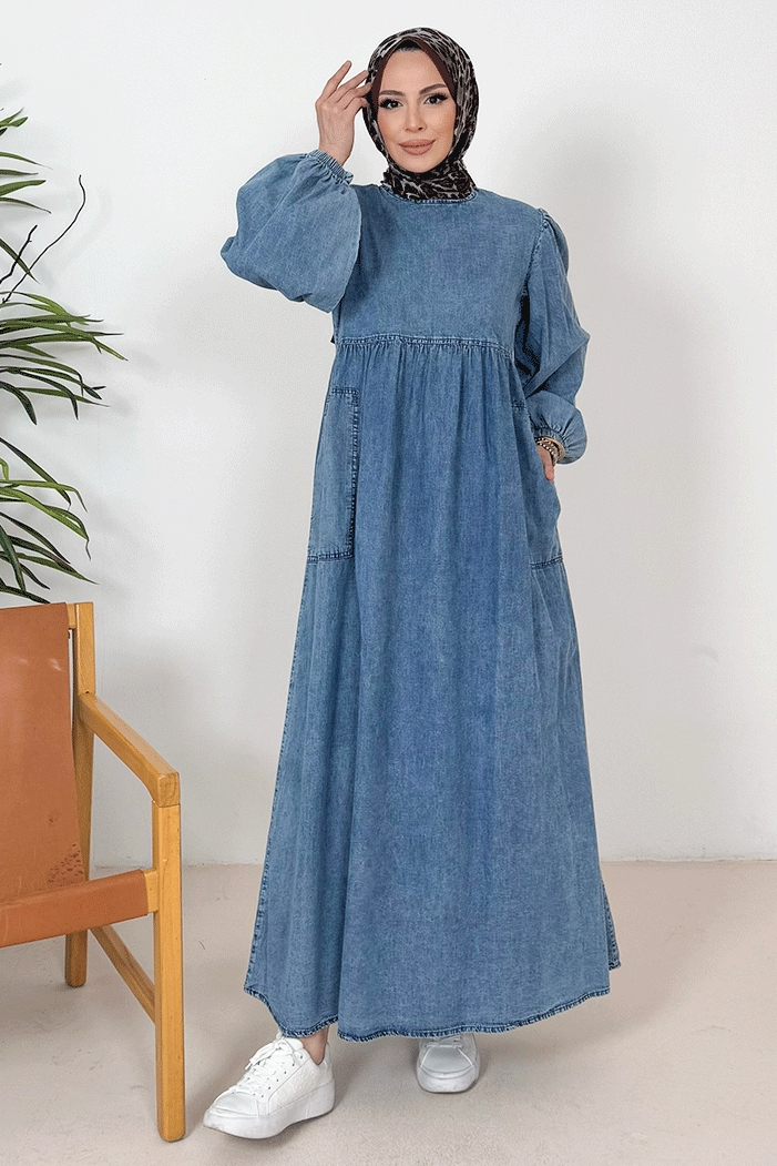 Anfil Balon Kol Kot Elbise 1392 - Mavi