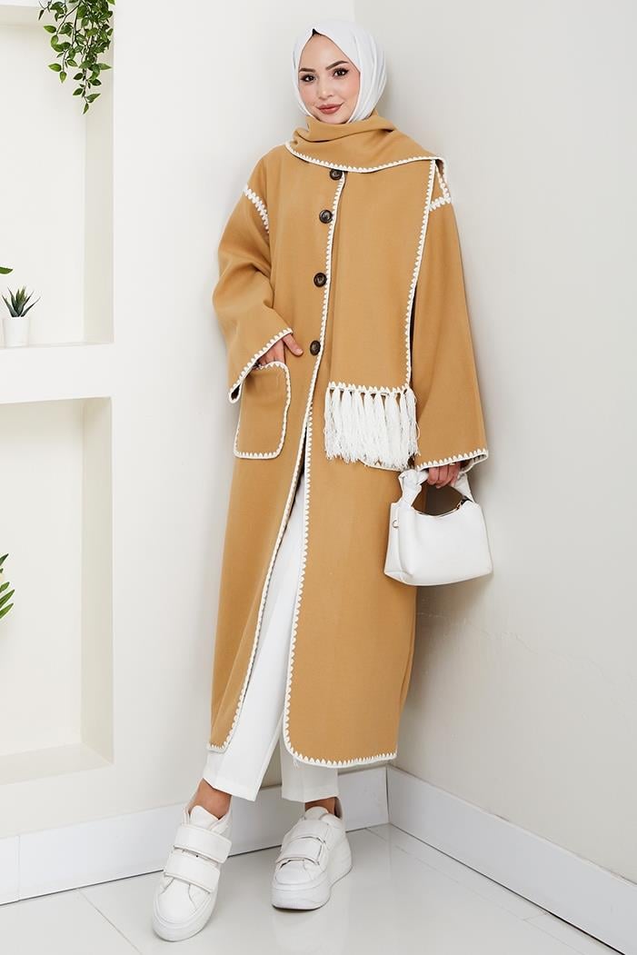 Arlin Atkılı Kaşe Uzun Ceket 1591 - Vizon